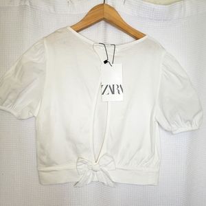 NWT Zara Girls 10 Off-White Open Back Cropped Blouse T-Shirt Top